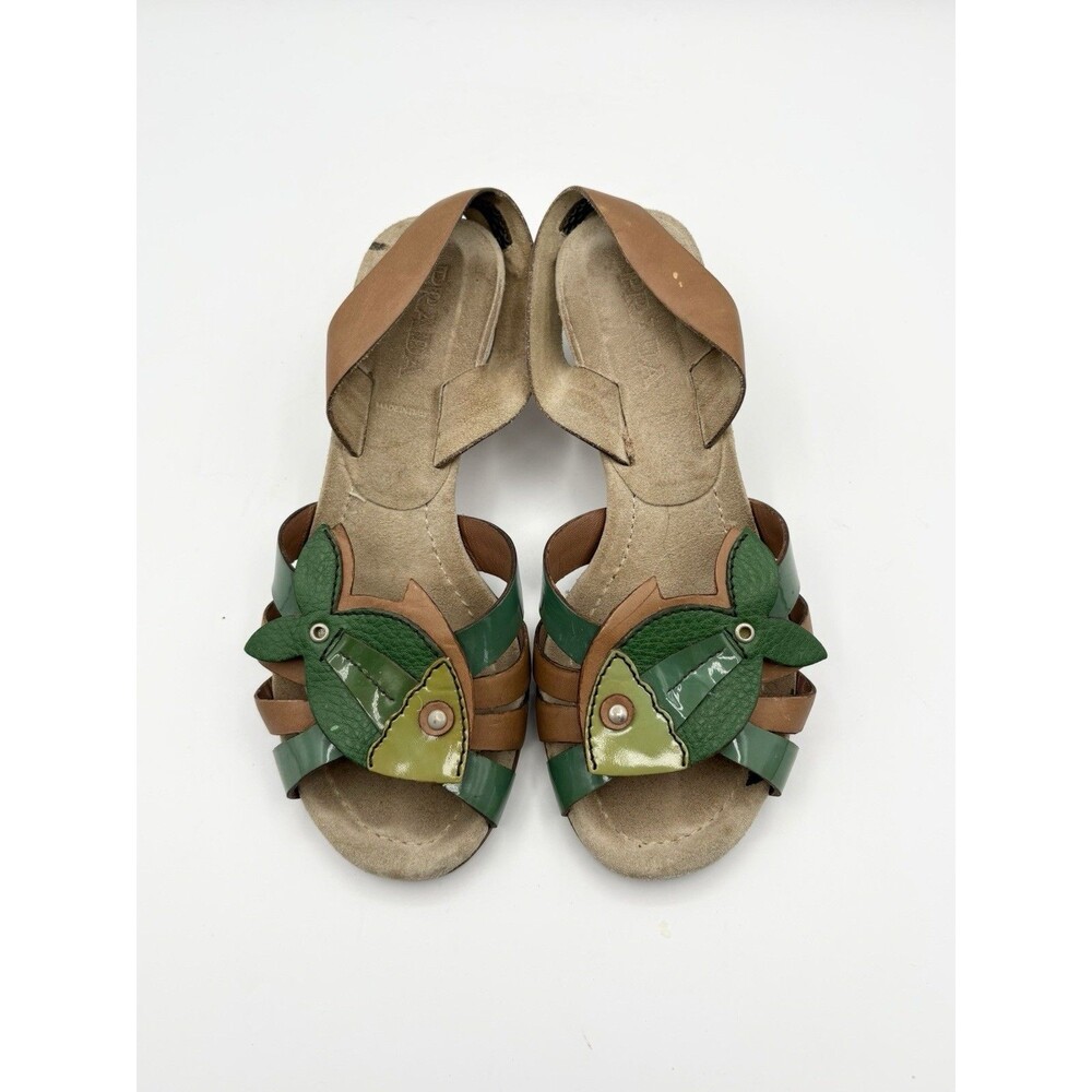Prada Green Patent Leather Fish Appliqué Kitten Heel Slingback Sandals EU 35.5